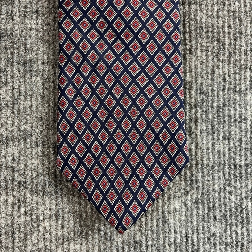 Graham & Lockwood London Mens Silk Tie Navy Blue Red Geometric Diamond Pattern